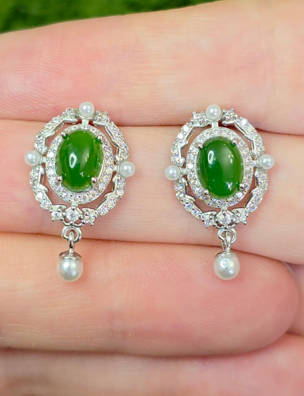 Jadeite and Faux Pearl Earrings