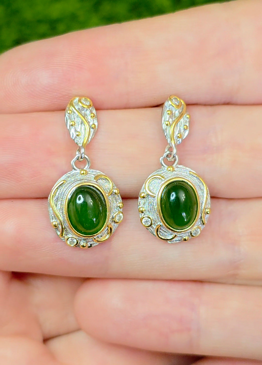 Green Jadeite Gold Tone Earrings
