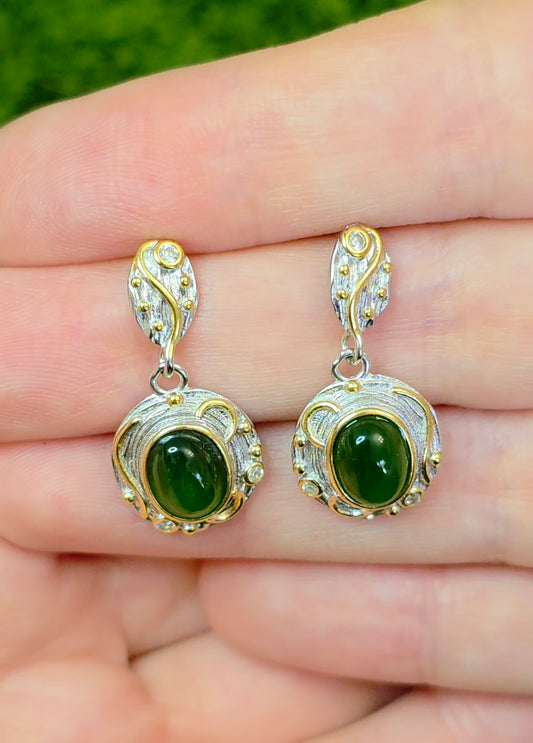 Green Jadeite Gold Tone Earrings