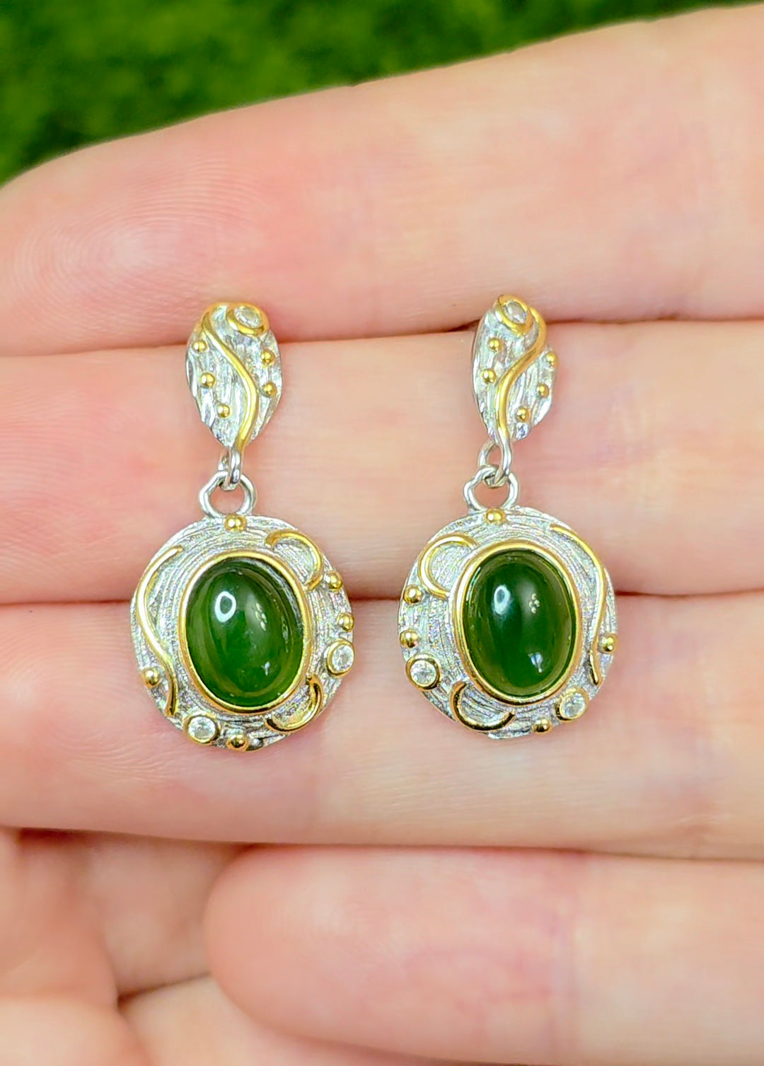 Green Jadeite Gold Tone Earrings