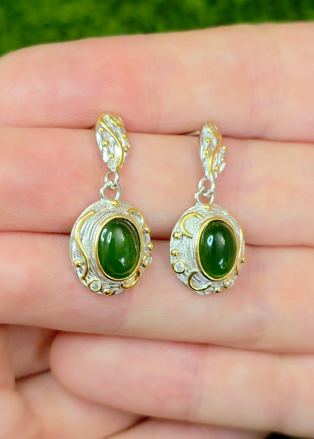 Green Jadeite Gold Tone Earrings