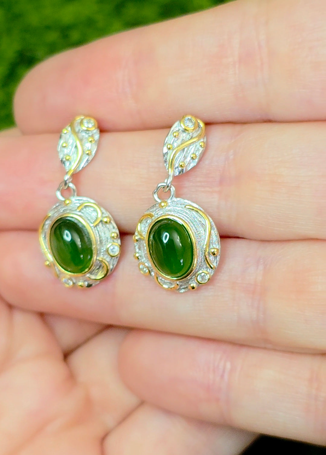 Green Jadeite Gold Tone Earrings
