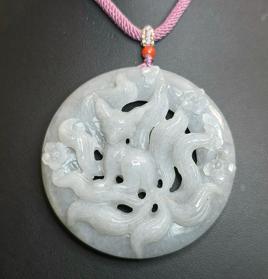 Lavender Jadeite Nine Tail Fox Pendant Necklace