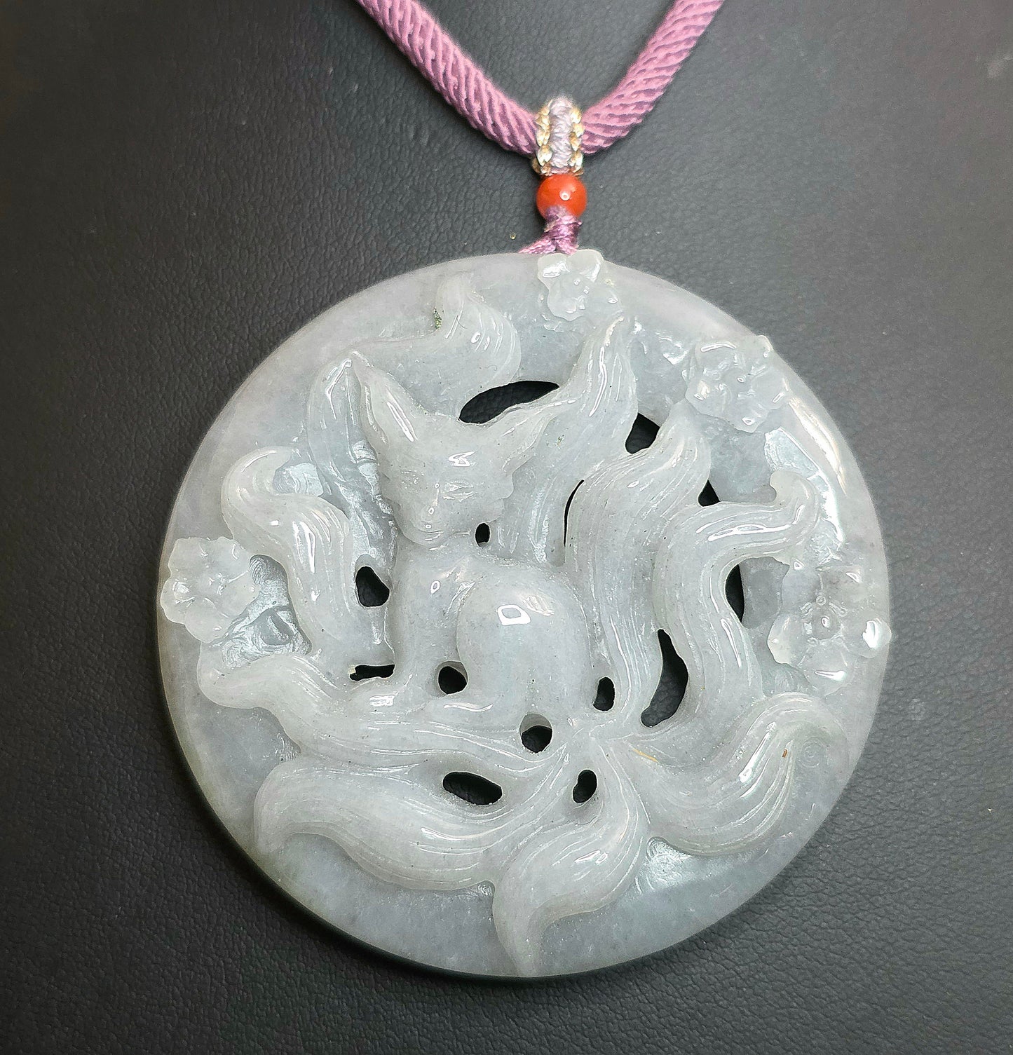 Lavender Jadeite Nine Tail Fox Pendant Necklace