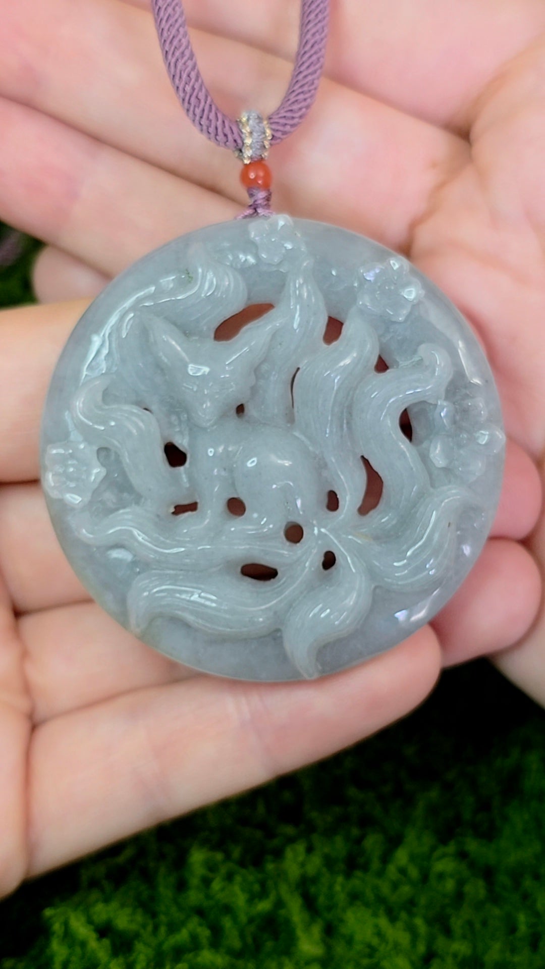 Lavender Jadeite Nine Tail Fox Pendant Necklace