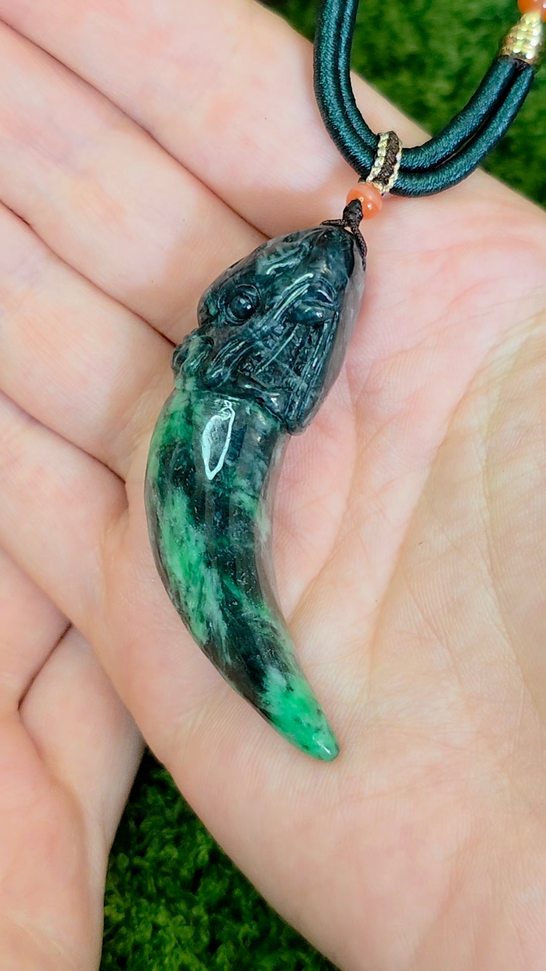 Green Jadeite Dragon Tooth Pendant Necklace
