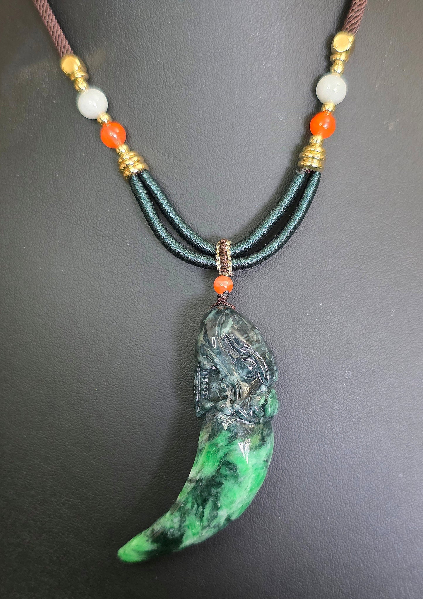 Green Jadeite Dragon Tooth Pendant Necklace