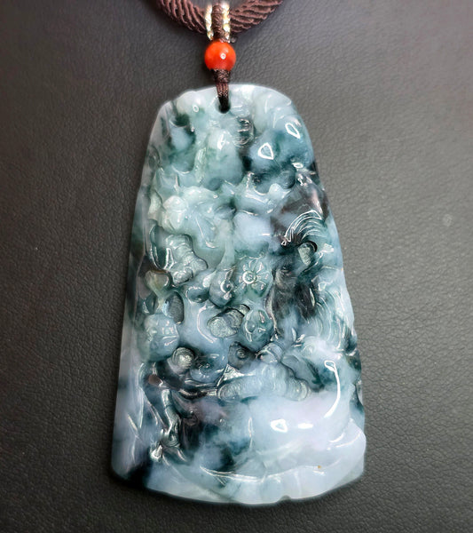 Green and White Jadeite Nature Motif Pendant Necklace