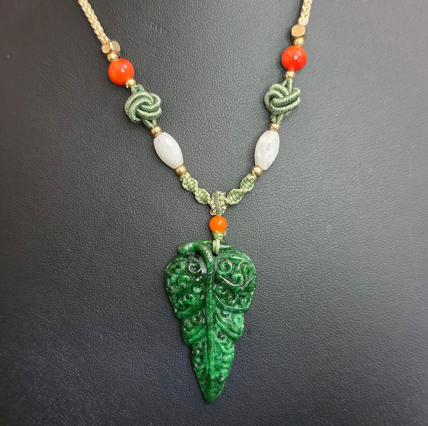 Green Jadeite Leaf Pendant Necklace