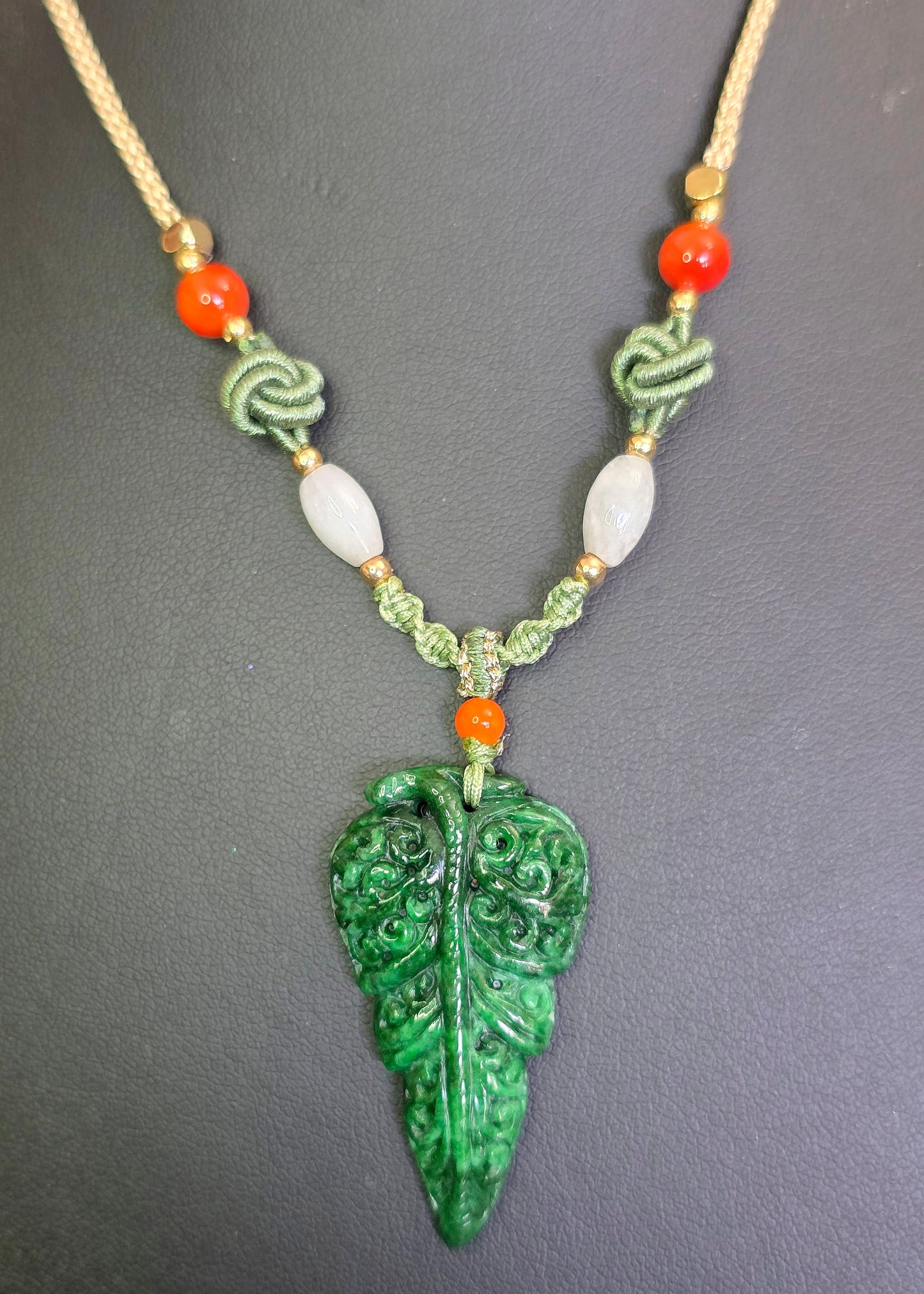 Green Jadeite Leaf Pendant Necklace