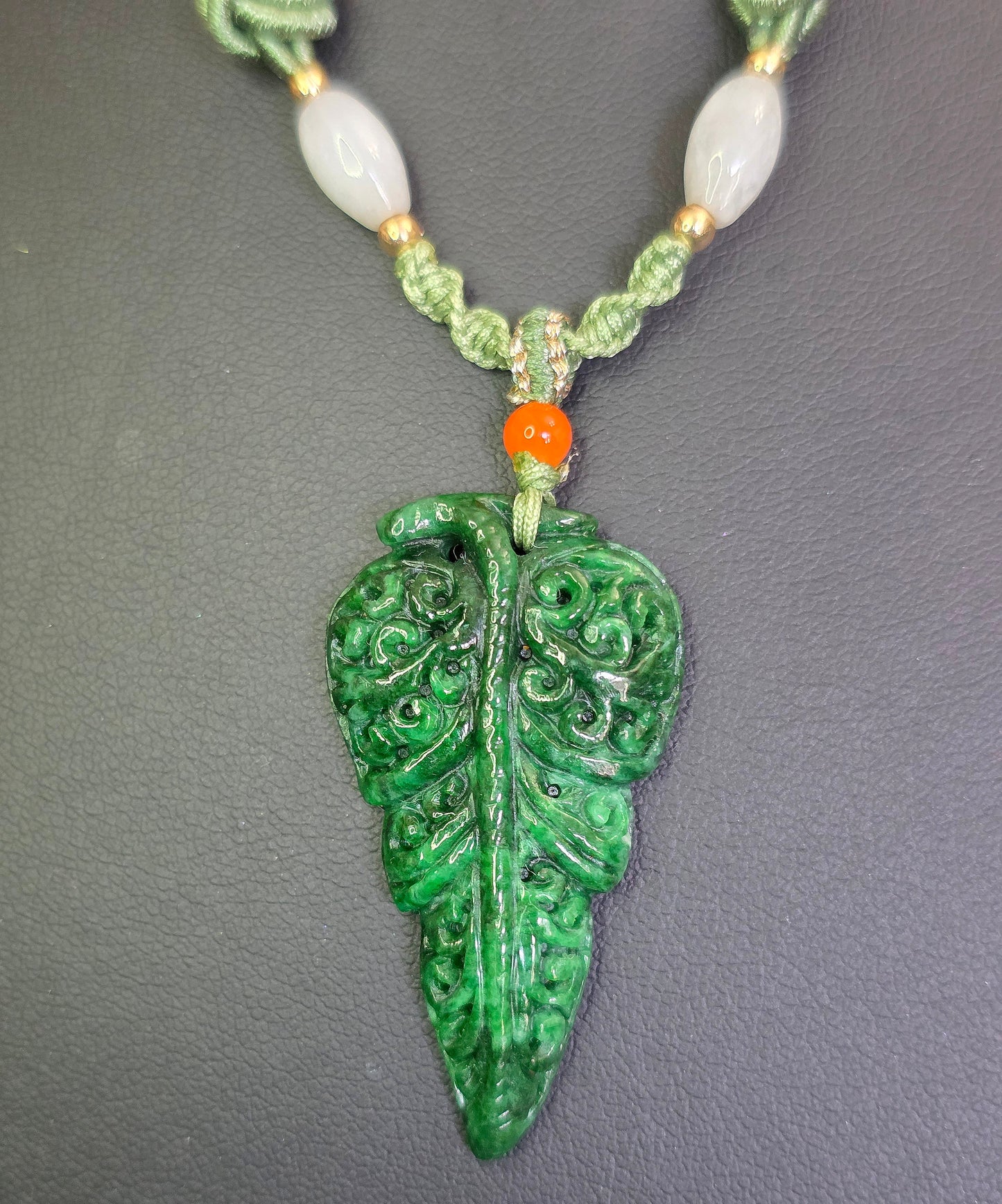 Green Jadeite Leaf Pendant Necklace