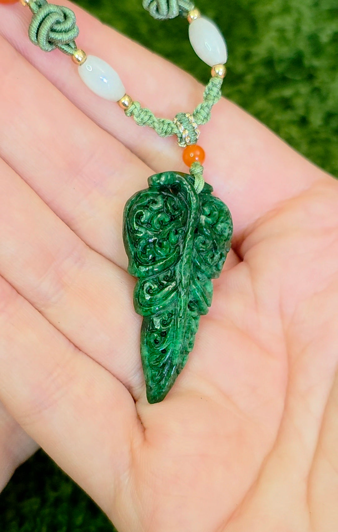 Green Jadeite Leaf Pendant Necklace