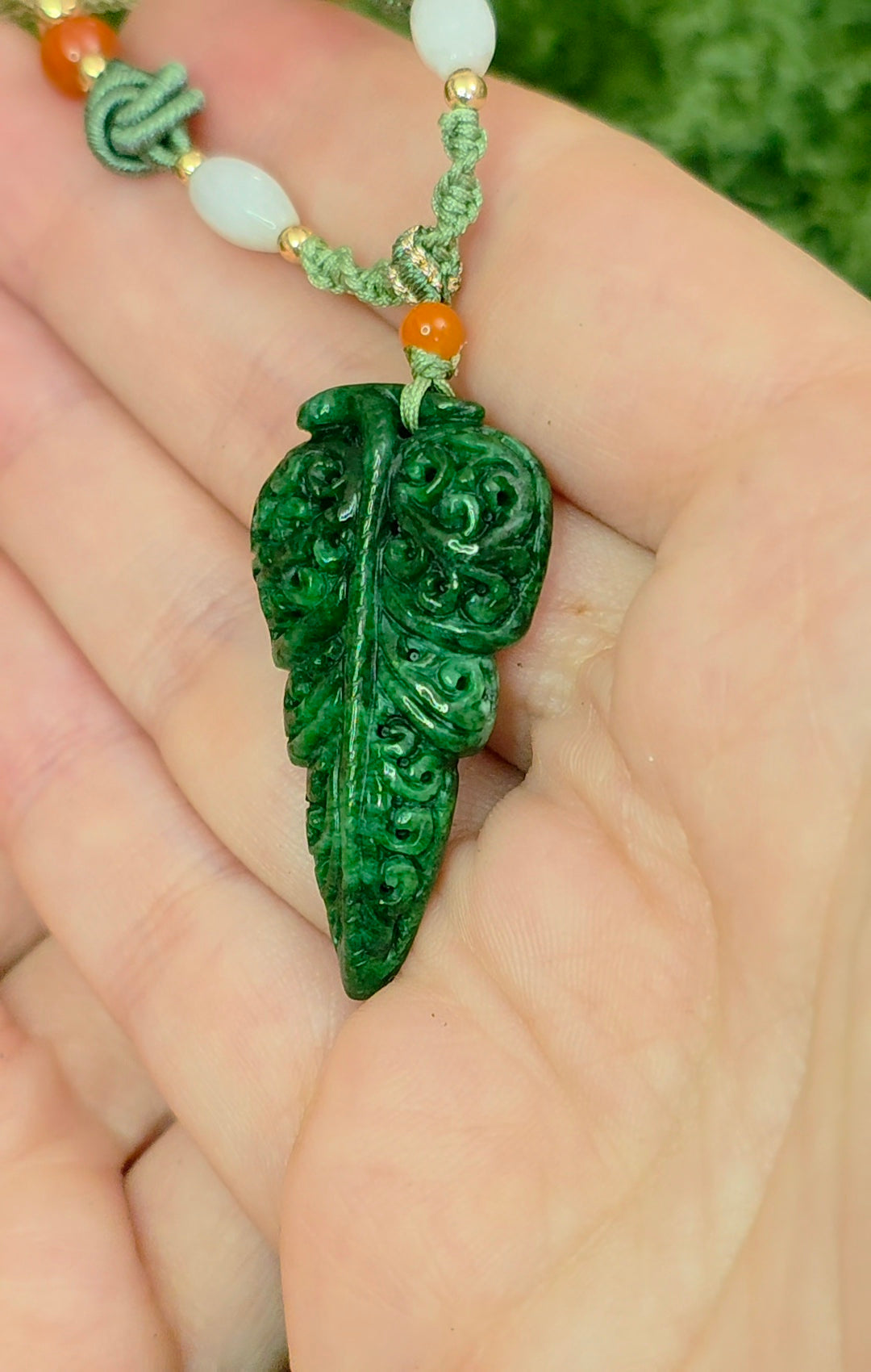 Green Jadeite Leaf Pendant Necklace