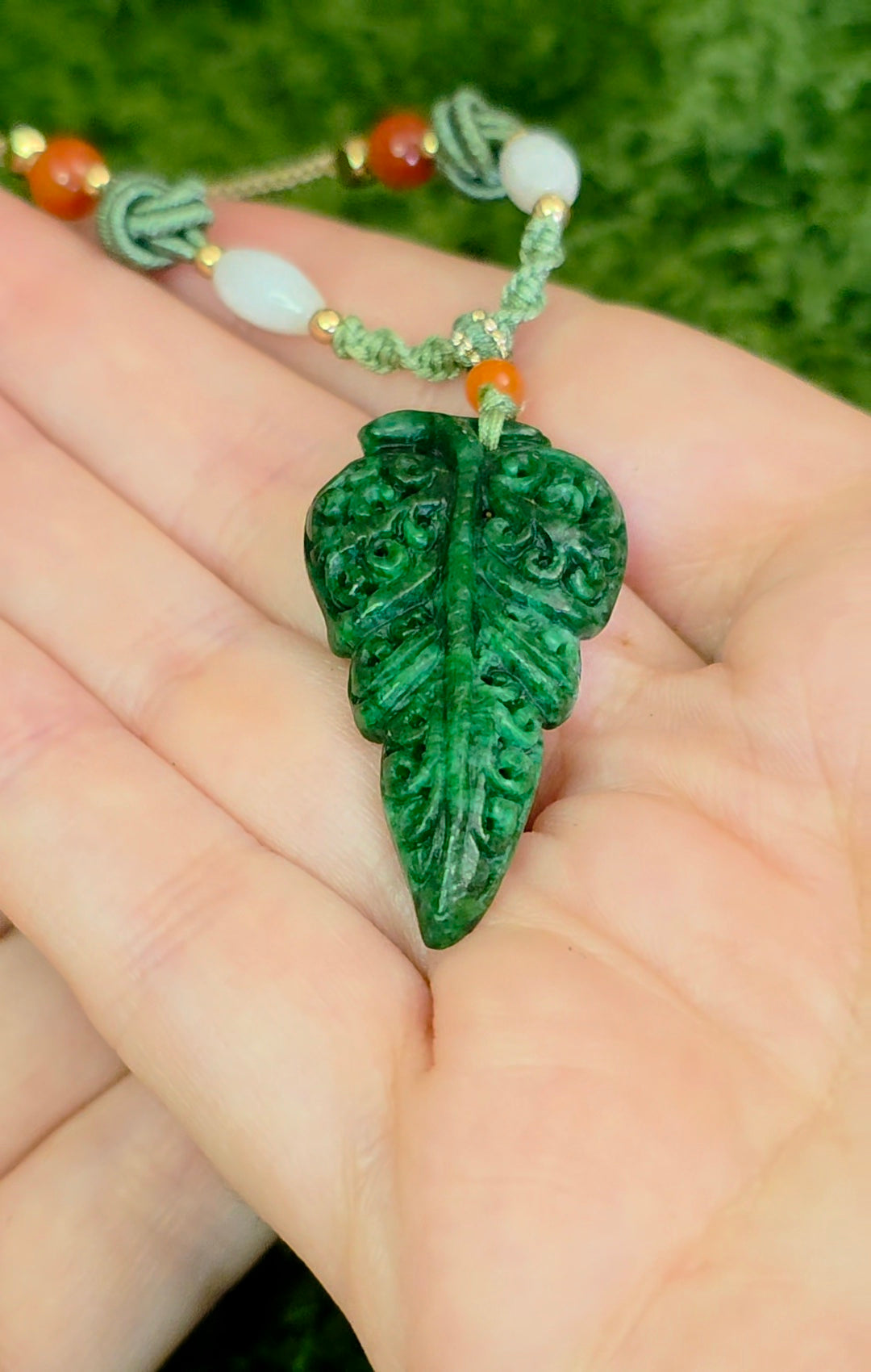 Green Jadeite Leaf Pendant Necklace