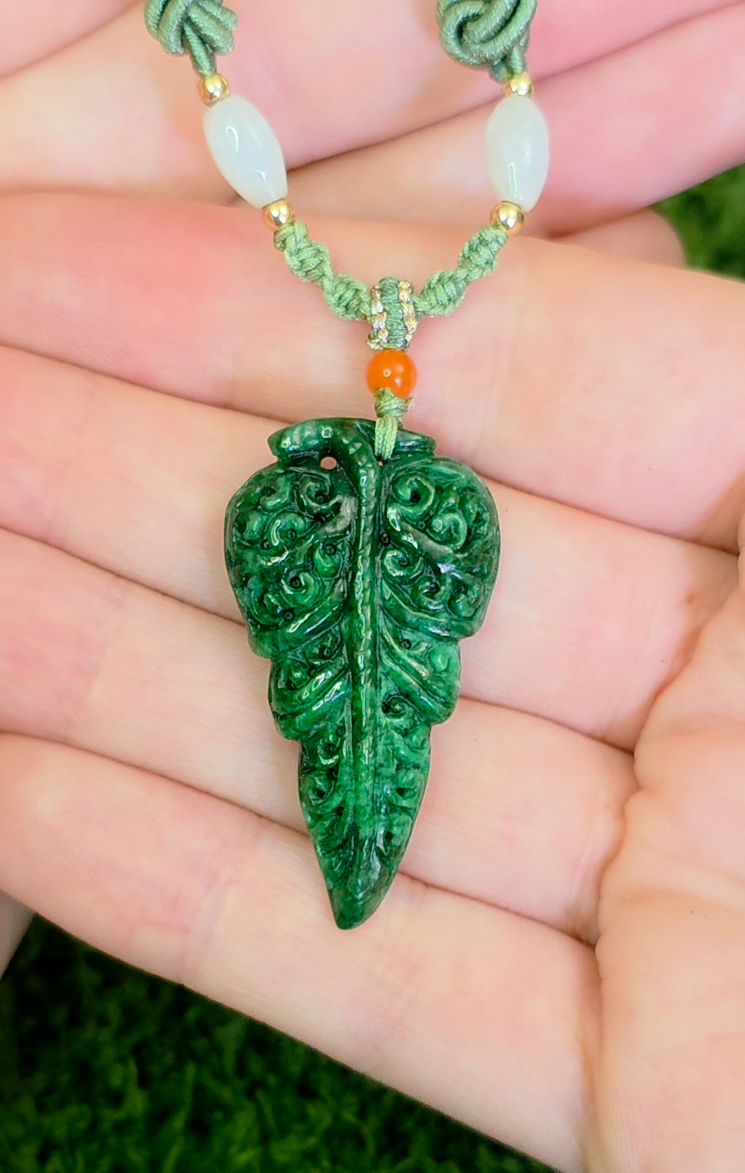 Green Jadeite Leaf Pendant Necklace