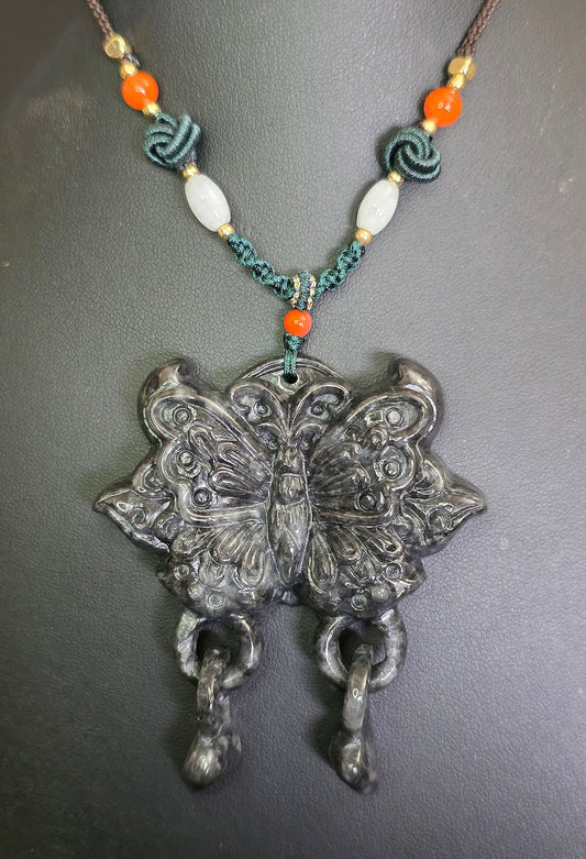 Black Jadeite Butterfly Pendant Necklace
