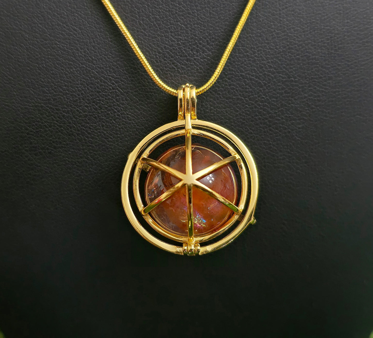Fire Quartz Mini Sphere Gold Cage Pendant