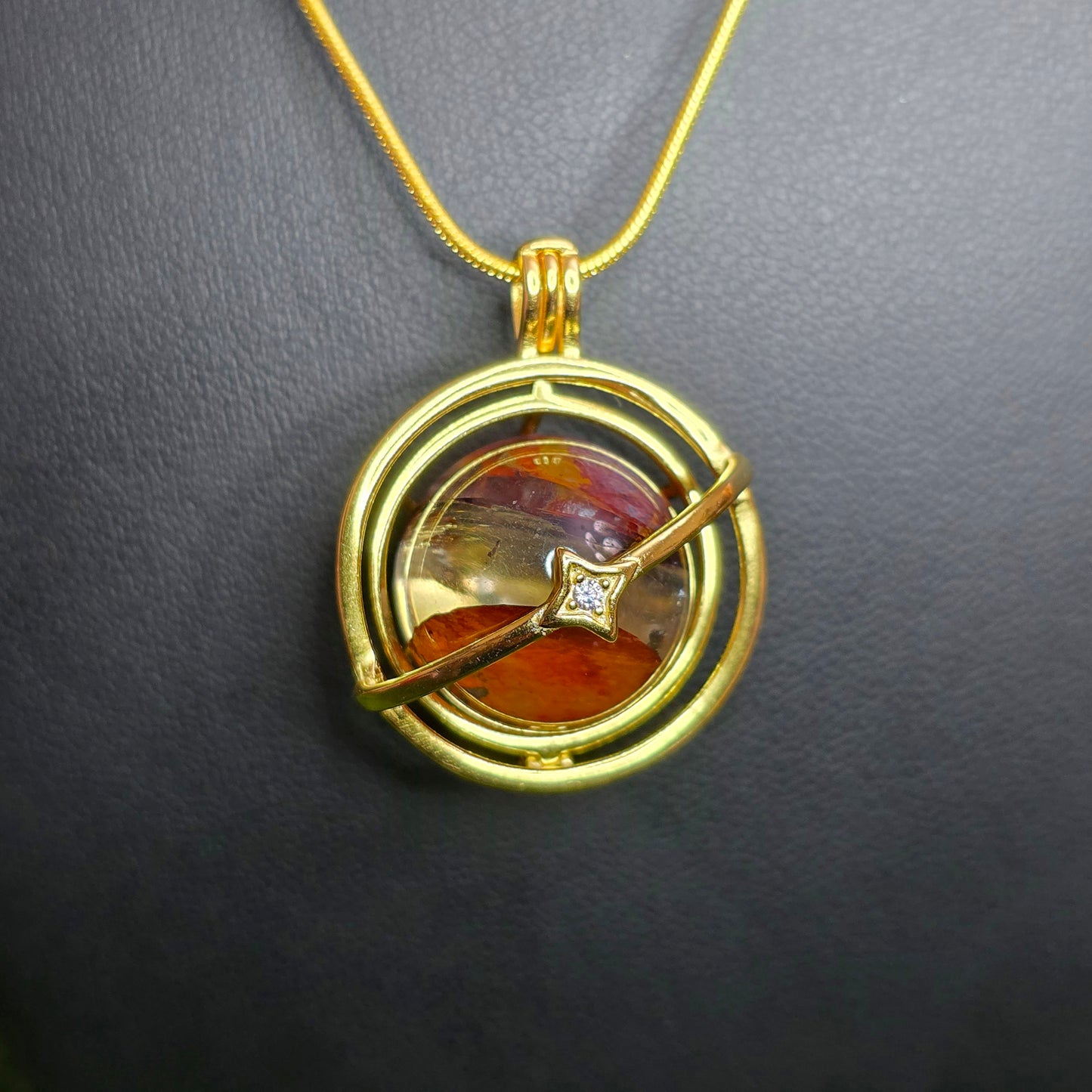 Fire Quartz Mini Sphere Gold Cage Pendant
