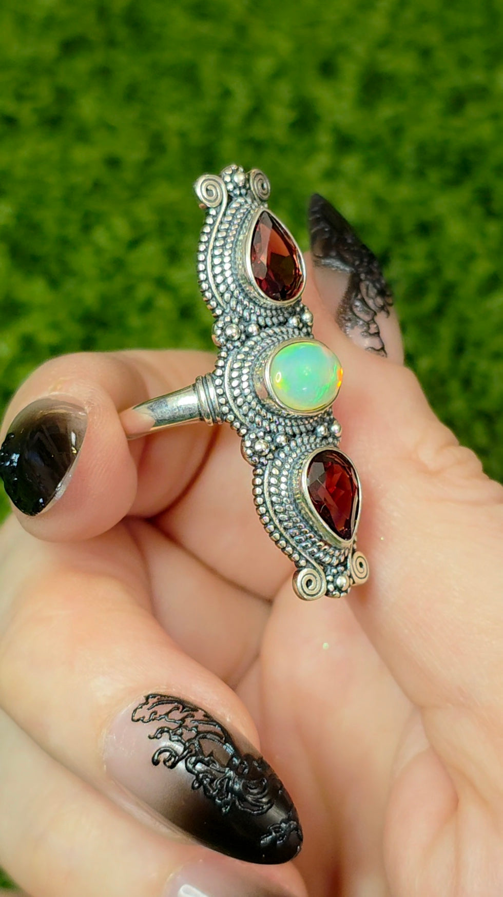 Garnet and White Opal Ring