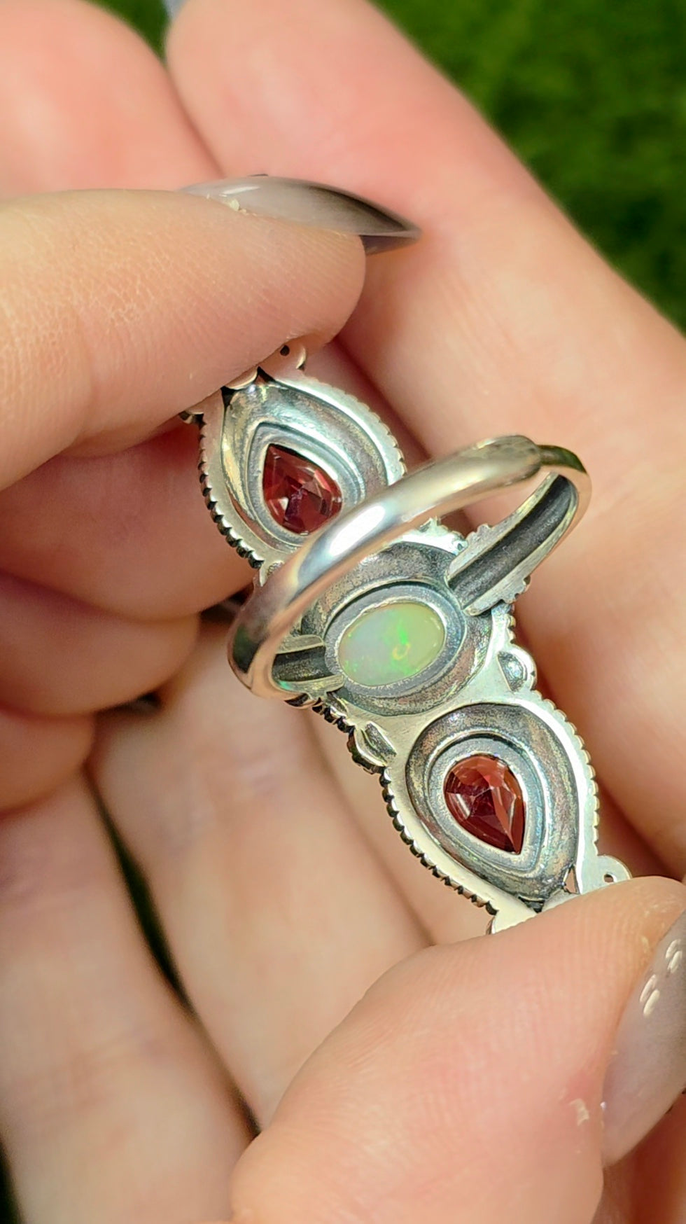 Garnet and White Opal Ring