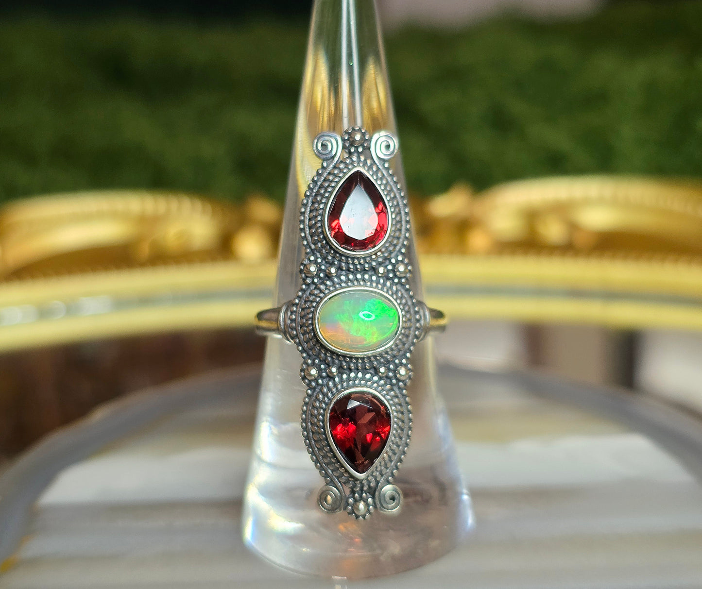 Garnet and White Opal Ring