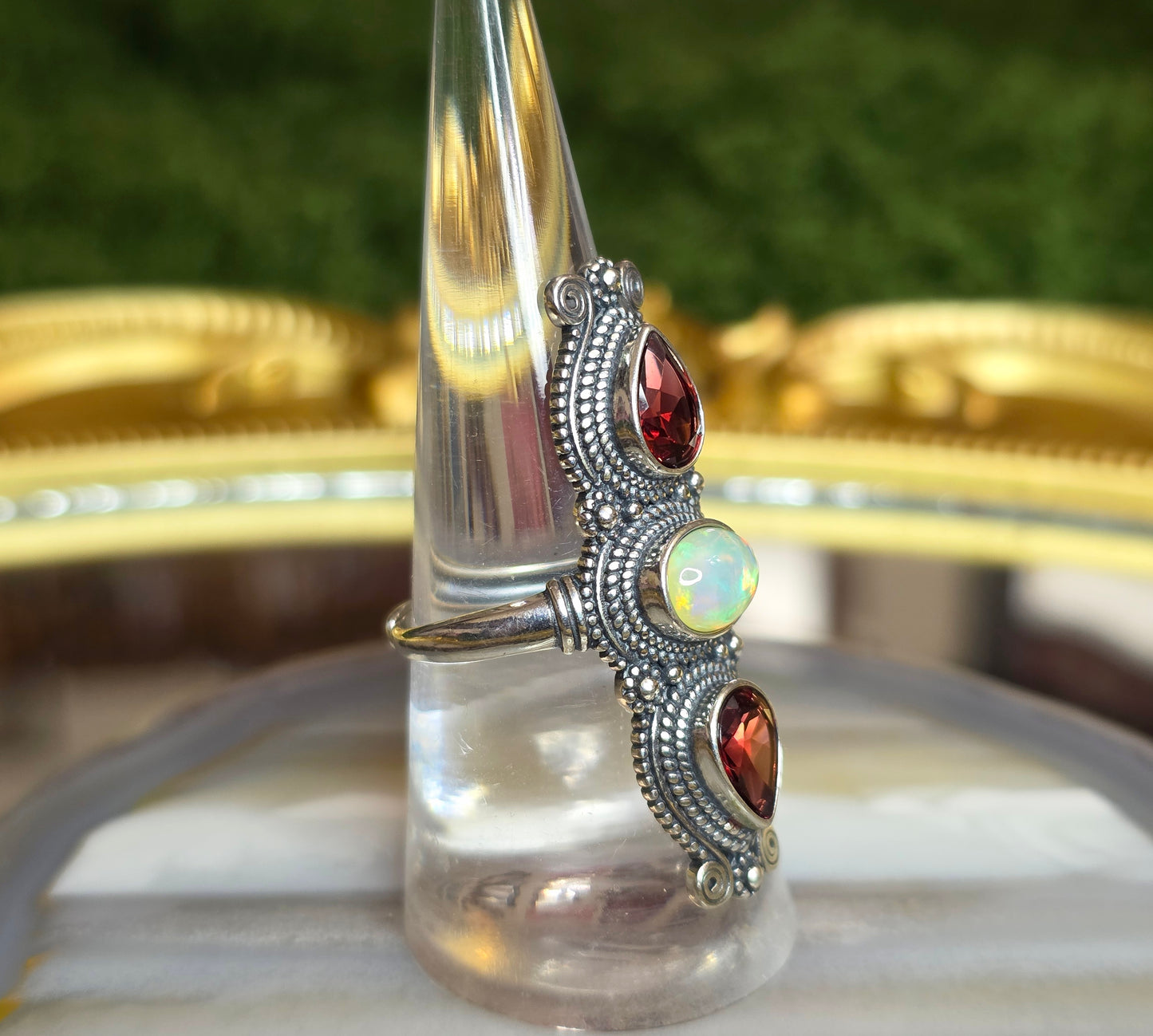 Garnet and White Opal Ring