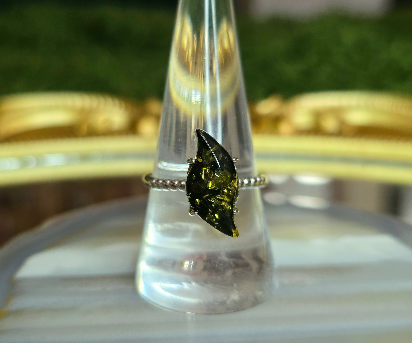 Assymetrical Green Baltic Amber Ring
