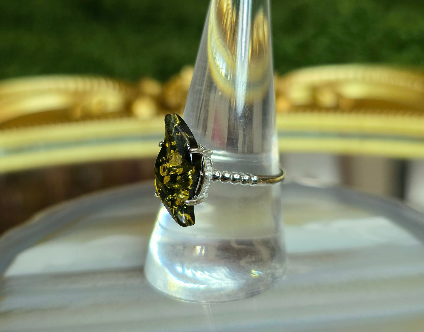 Assymetrical Green Baltic Amber Ring
