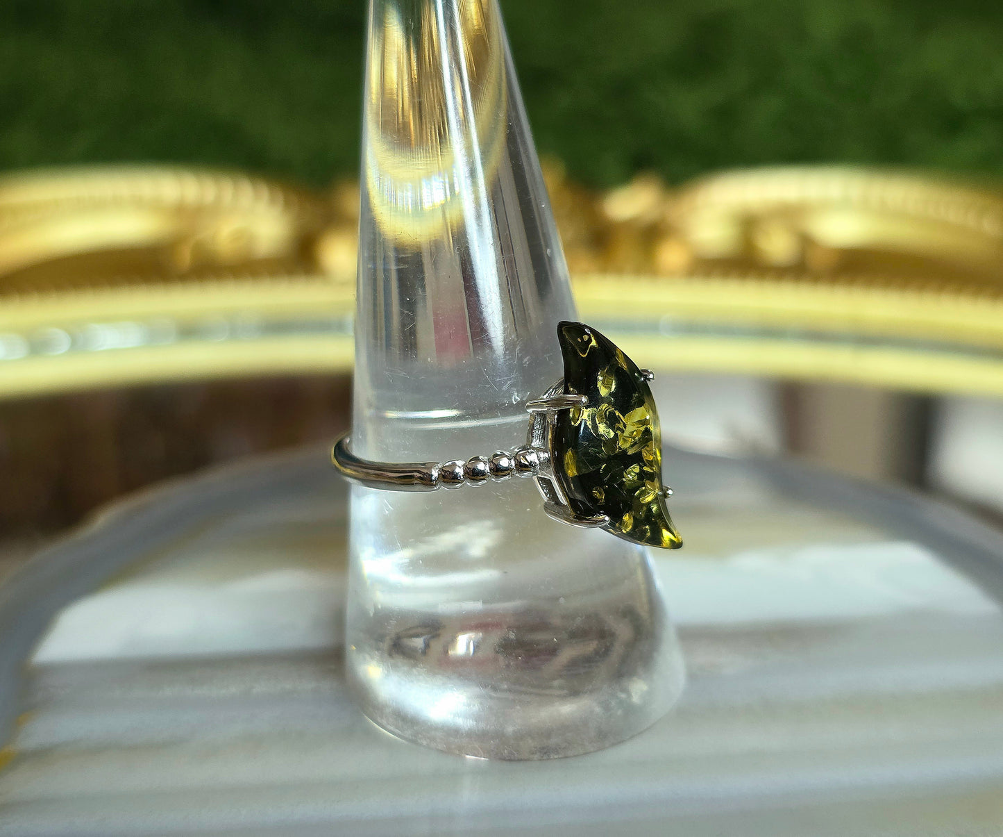 Assymetrical Green Baltic Amber Ring