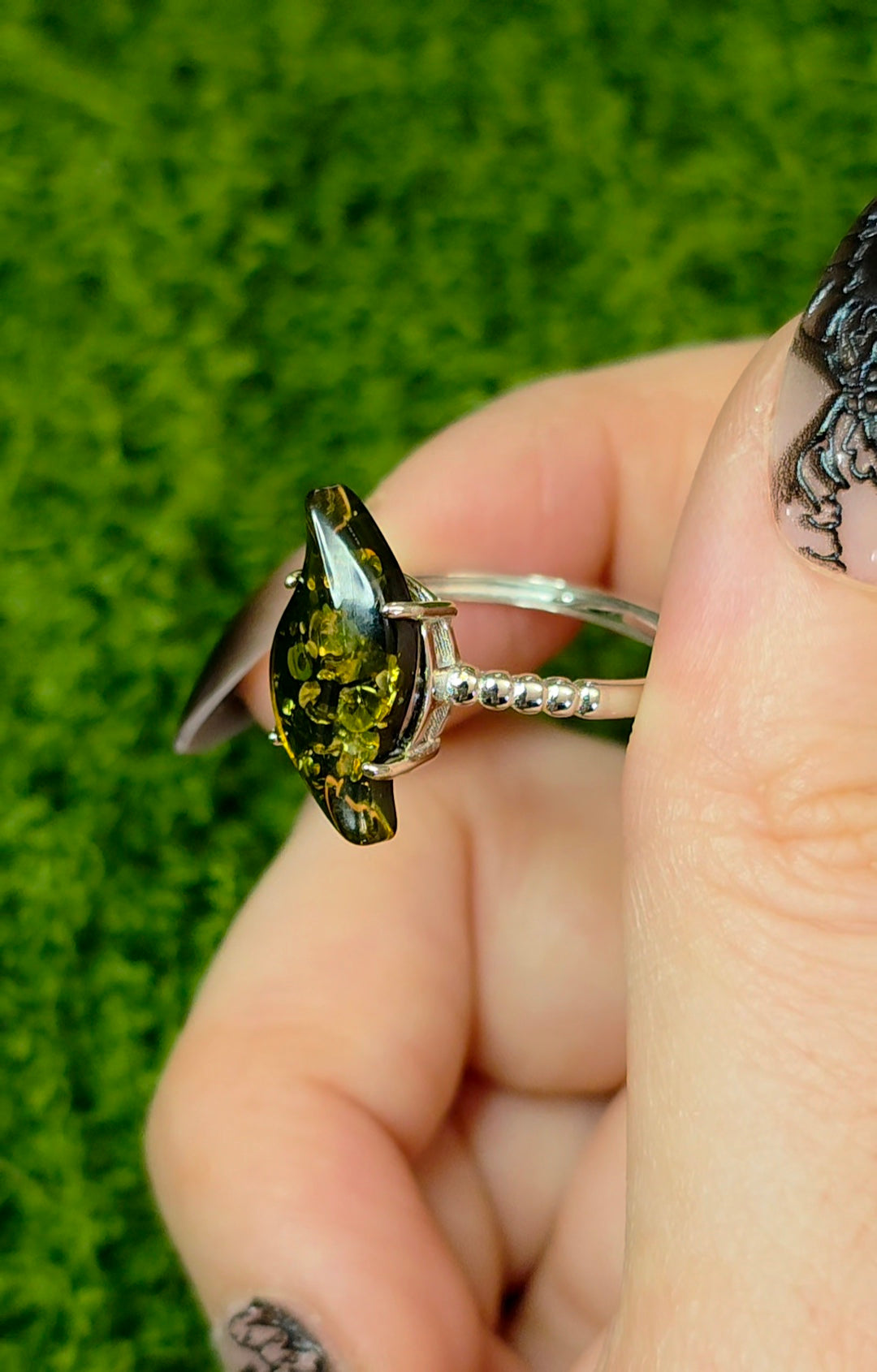 Assymetrical Green Baltic Amber Ring
