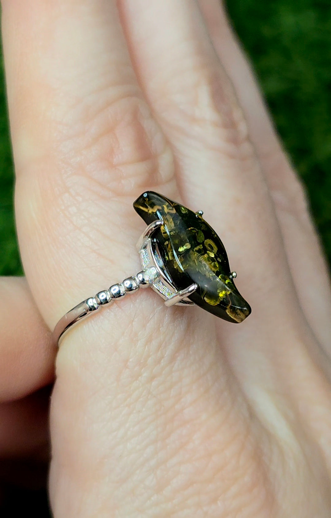 Assymetrical Green Baltic Amber Ring