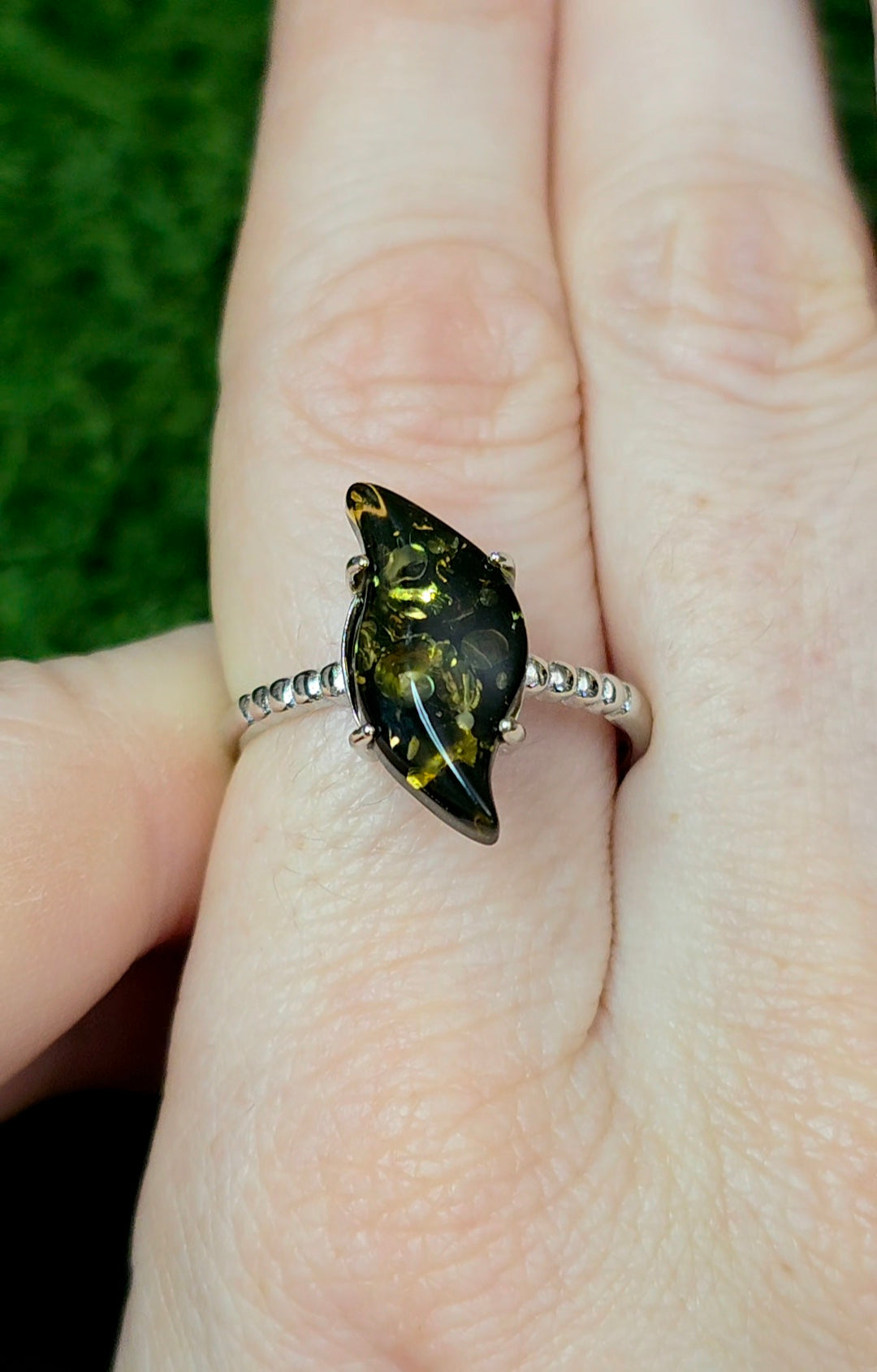Assymetrical Green Baltic Amber Ring