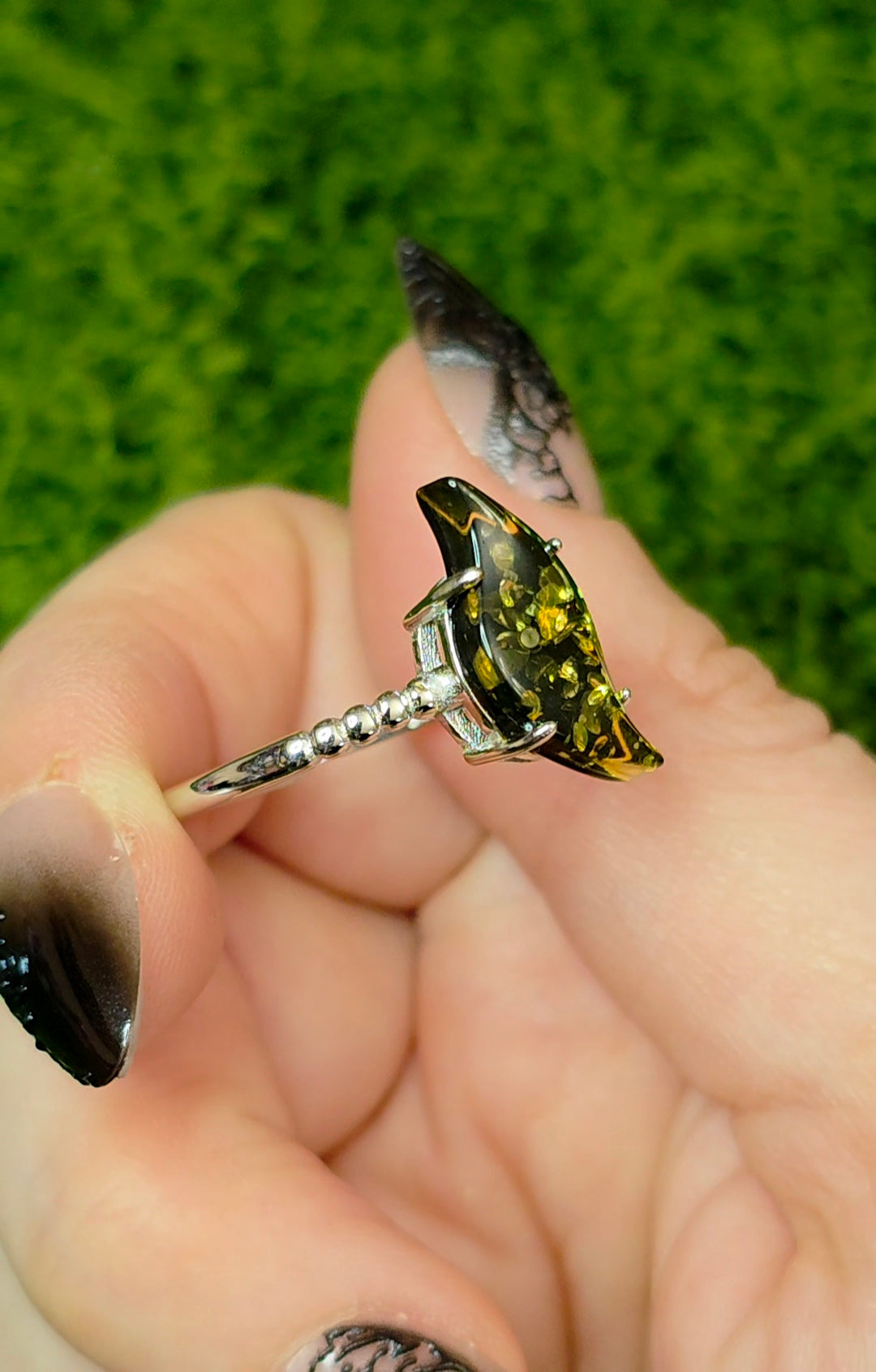 Assymetrical Green Baltic Amber Ring