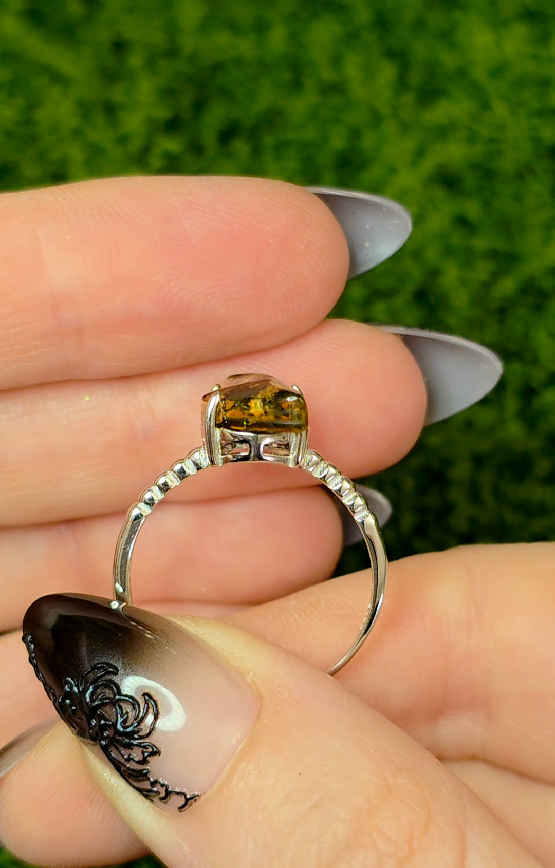 Assymetrical Green Baltic Amber Ring