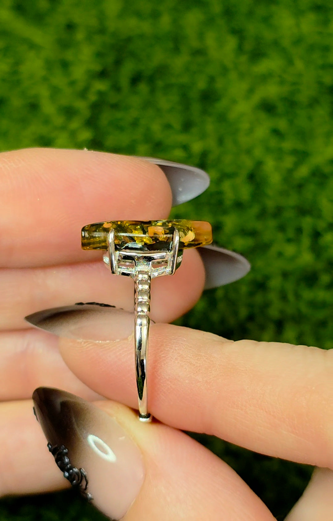 Assymetrical Green Baltic Amber Ring