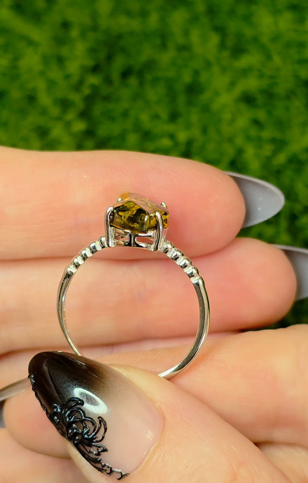 Assymetrical Green Baltic Amber Ring