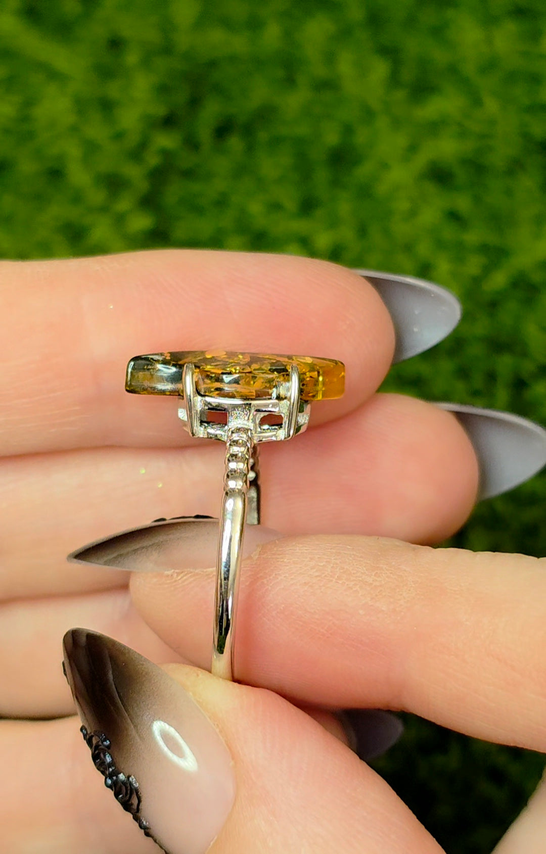 Assymetrical Green Baltic Amber Ring