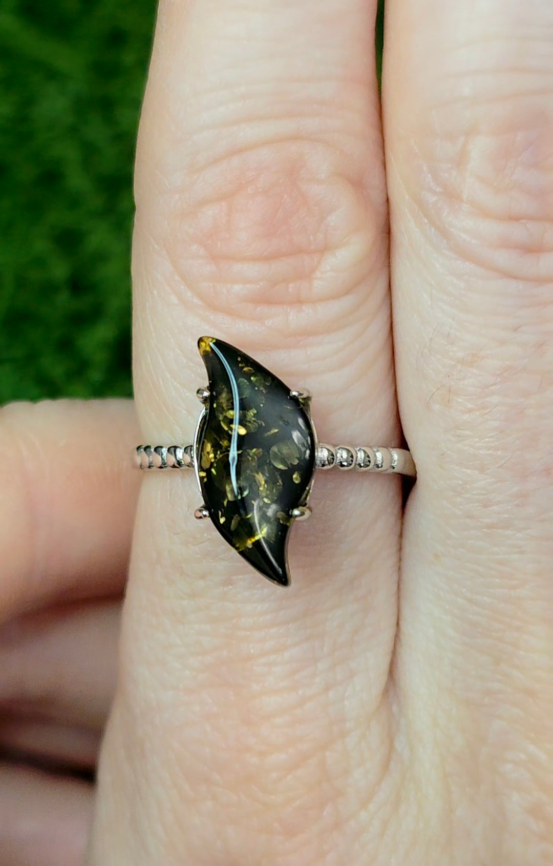 Assymetrical Green Baltic Amber Ring