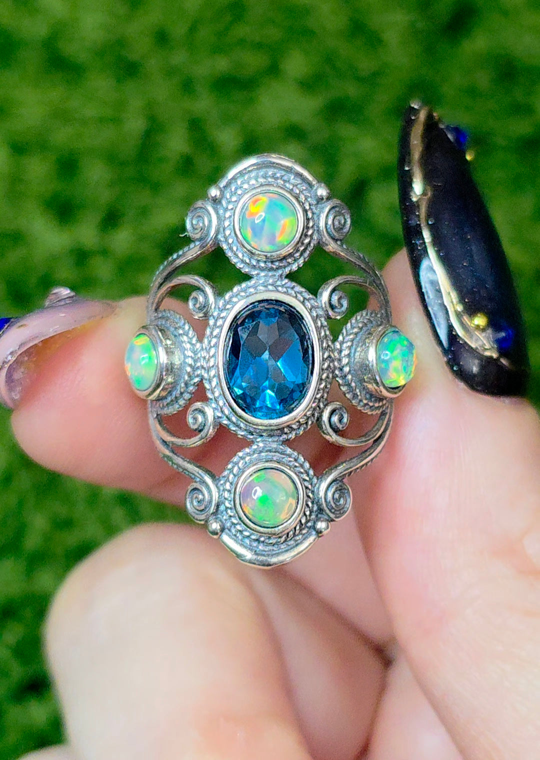 Blue Topaz and Opal Filigree Ring
