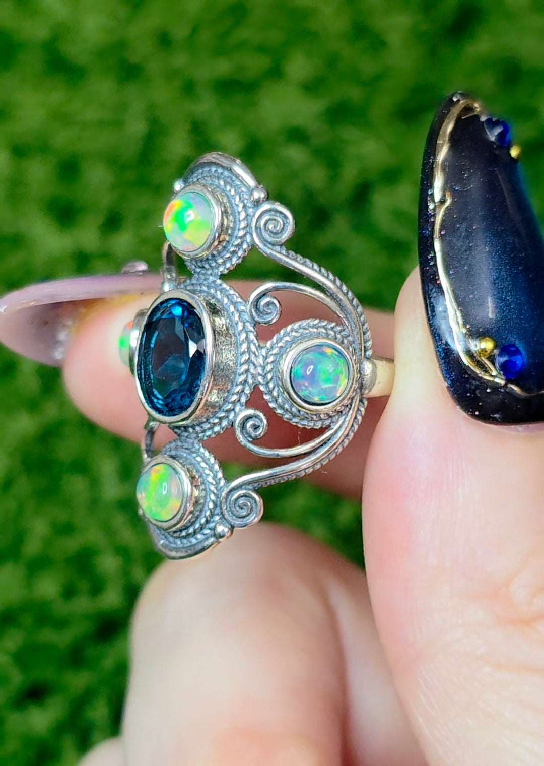Blue Topaz and Opal Filigree Ring