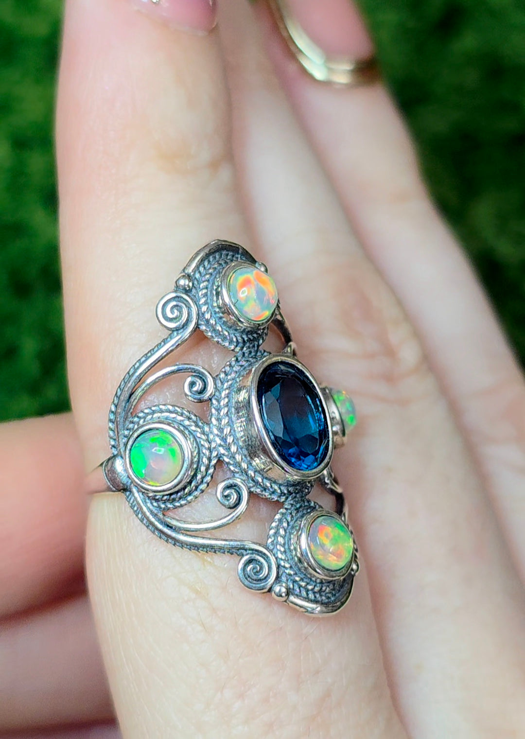 Blue Topaz and Opal Filigree Ring