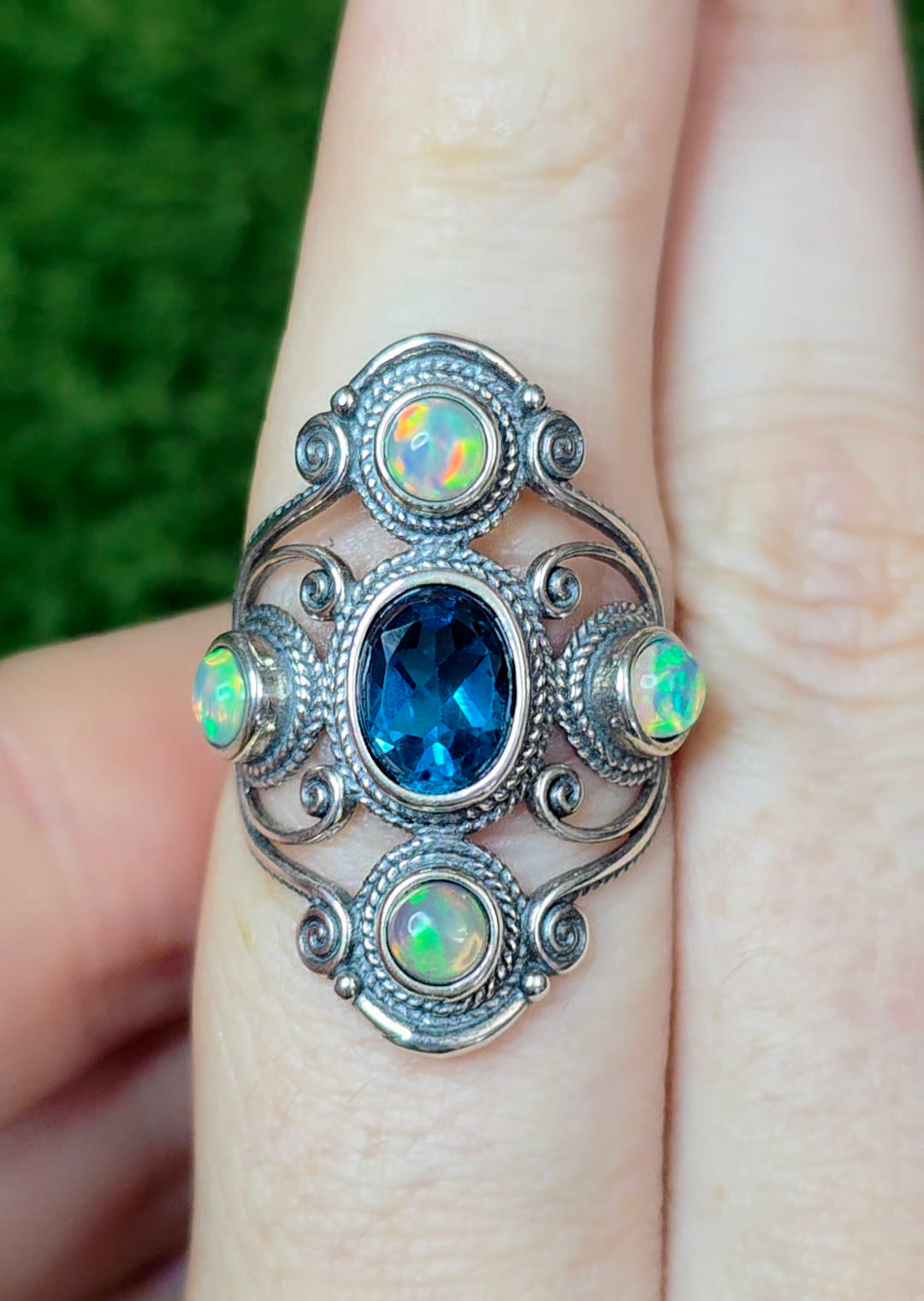Blue Topaz and Opal Filigree Ring
