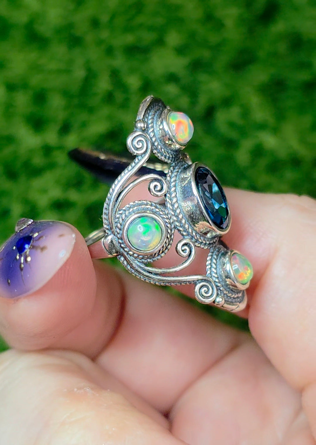 Blue Topaz and Opal Filigree Ring