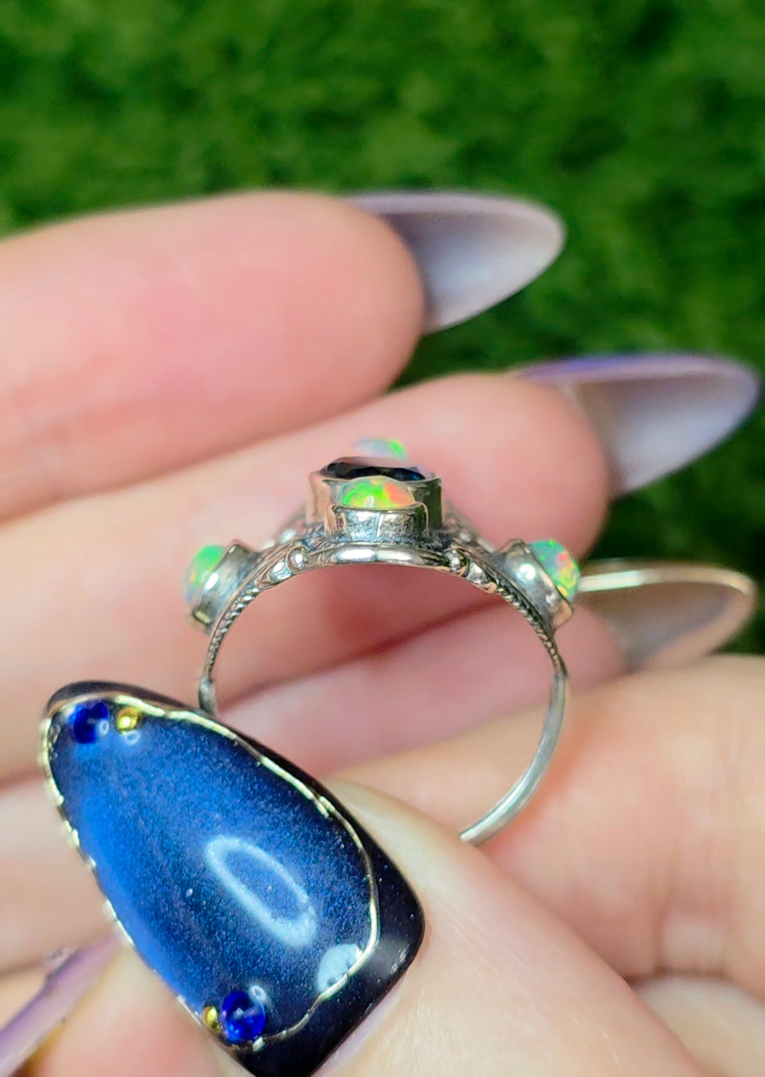 Blue Topaz and Opal Filigree Ring