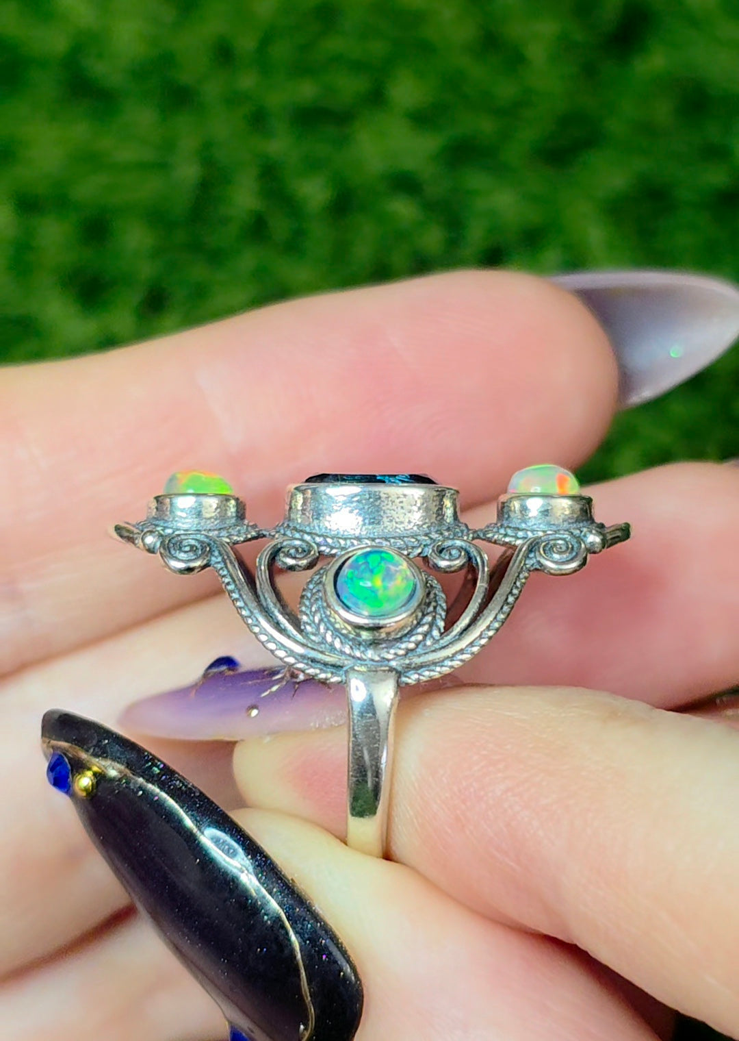 Blue Topaz and Opal Filigree Ring