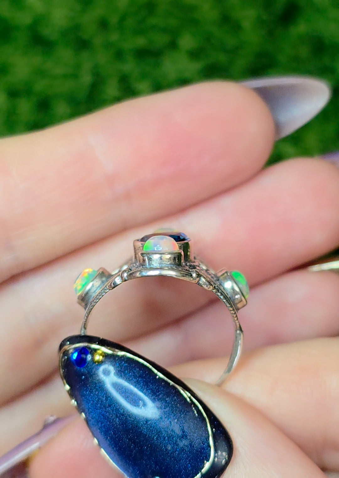 Blue Topaz and Opal Filigree Ring
