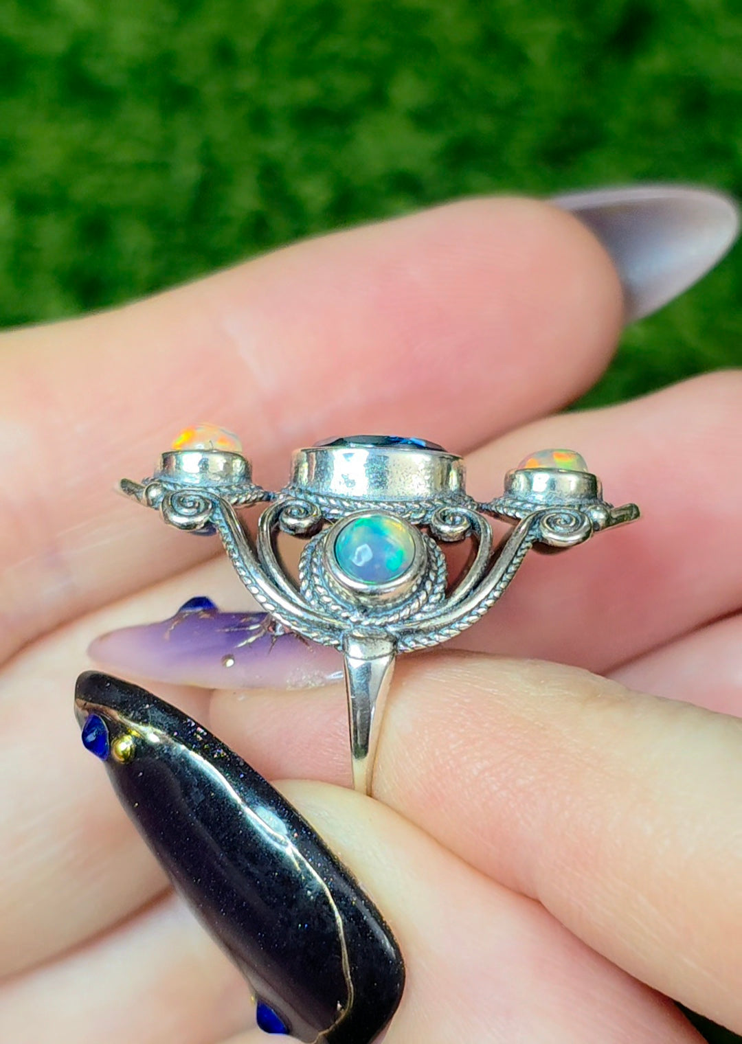 Blue Topaz and Opal Filigree Ring