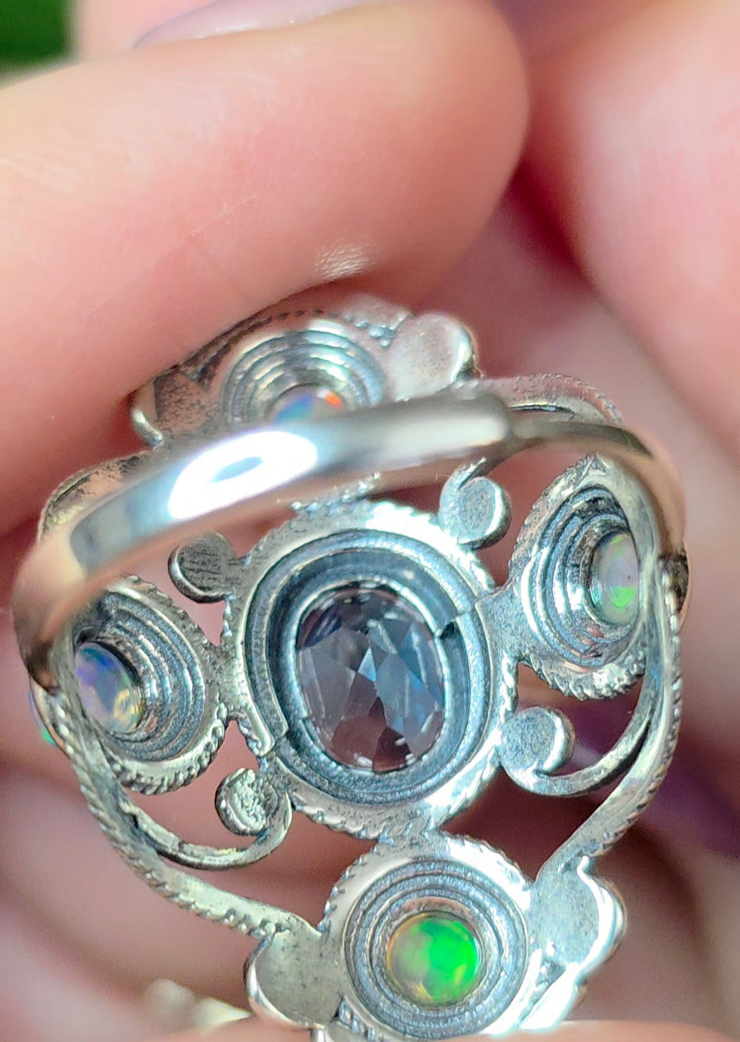 Blue Topaz and Opal Filigree Ring