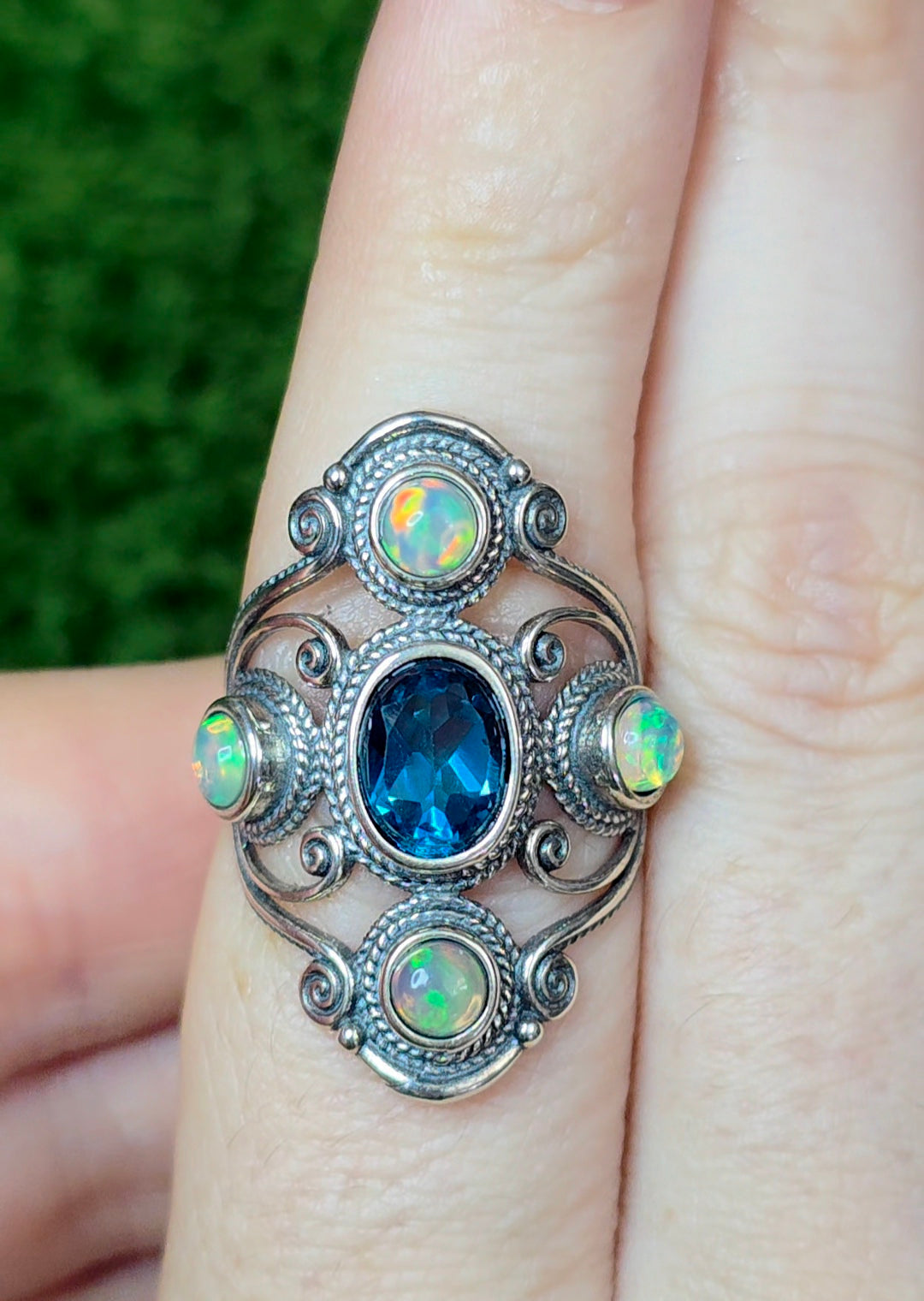 Blue Topaz and Opal Filigree Ring