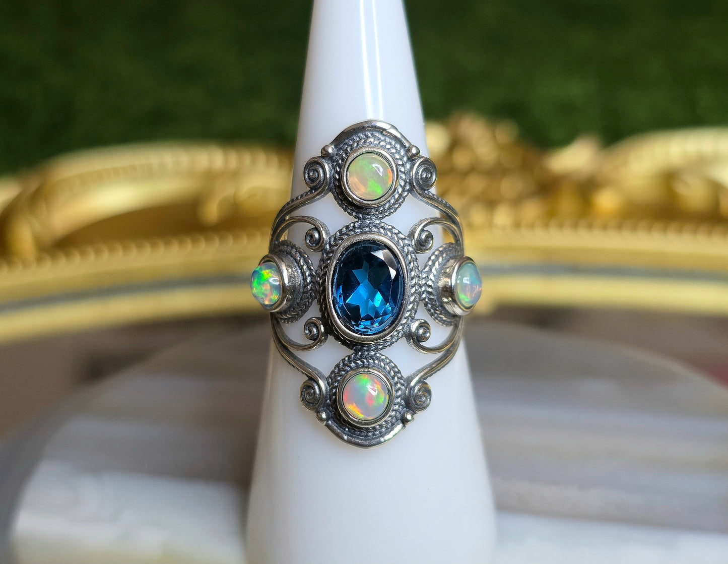Blue Topaz and Opal Filigree Ring